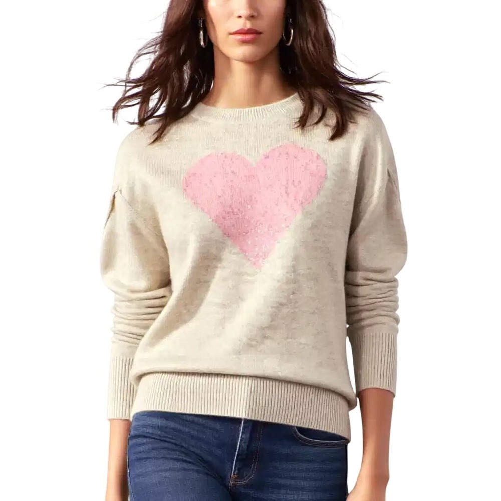 CeCe Women Sequin Heart Sweater Oatmeal Heather Pink Sparkle Knit Pullover M NWT